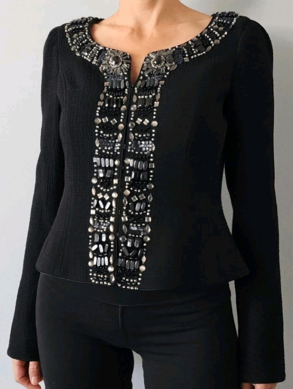 Rickie Freeman Teri Jon Black 100% Wool Jacket Womens Stones Beaded Formal Sz 6